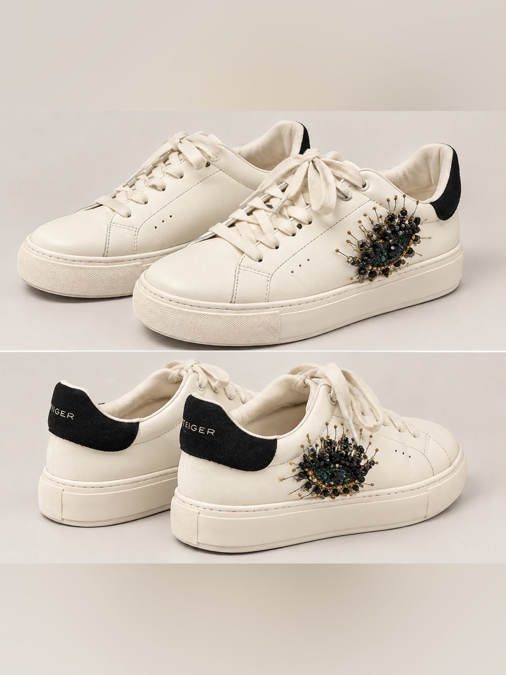 Kurt Geiger Cream Leather Sneakers with Black Heel and Jewel Embellishment